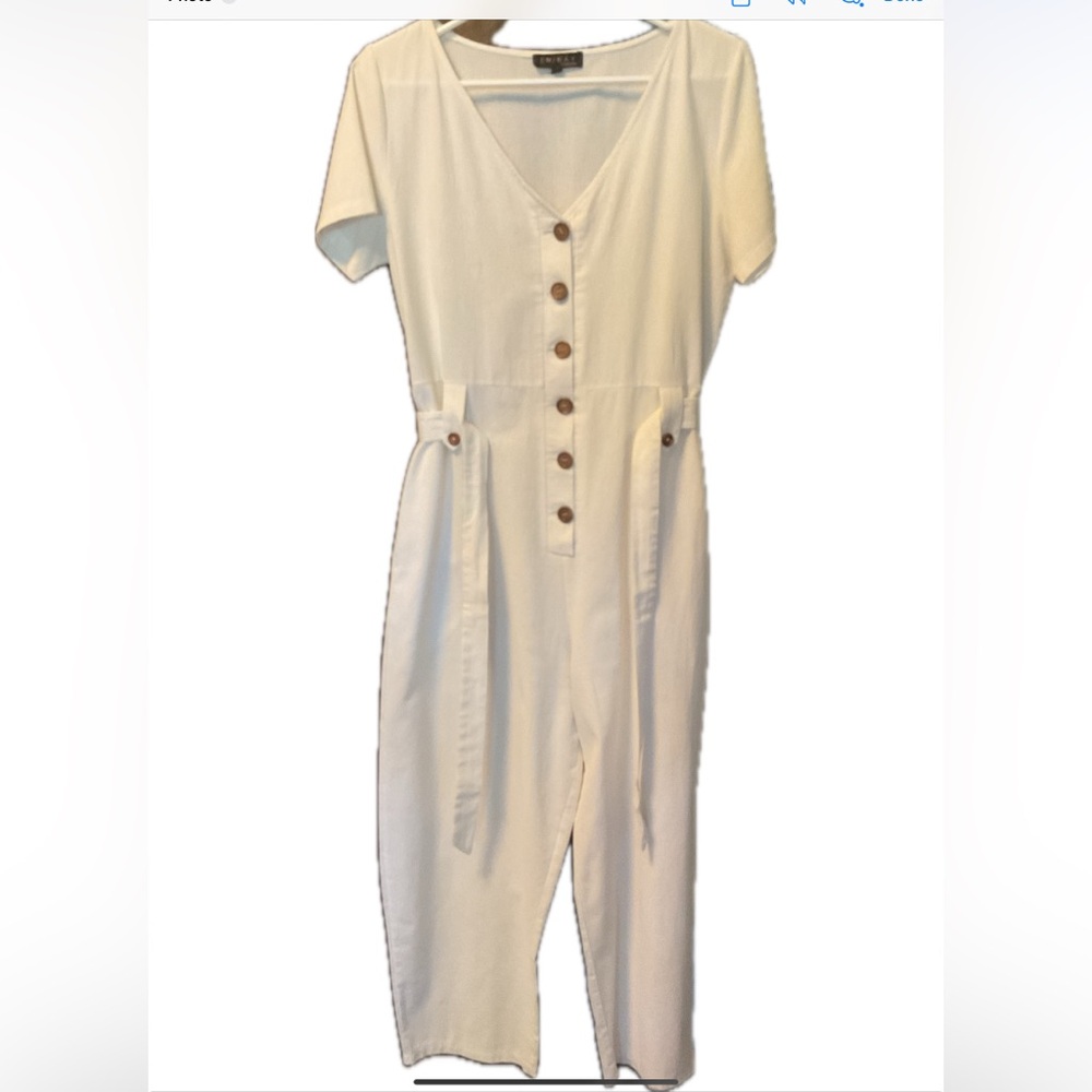 Elegant Cream Belted  Wide Leg Cropped Jumpsuit with Button Detail